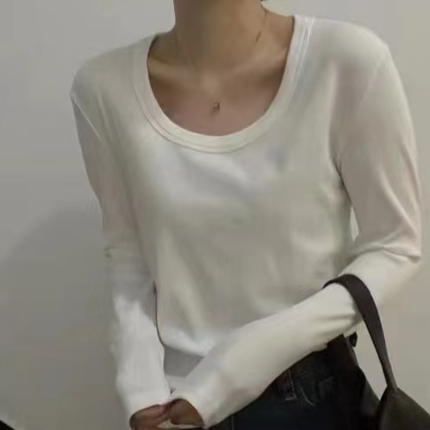 氣質U領純棉打底衫T恤女長袖中袖內搭修身顯瘦百搭上衣