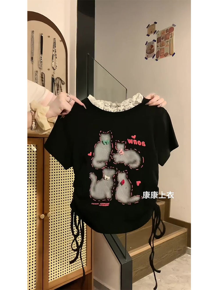 純棉 甜酷辣妹小黑貓綁帶蕾絲領短袖T恤女INS