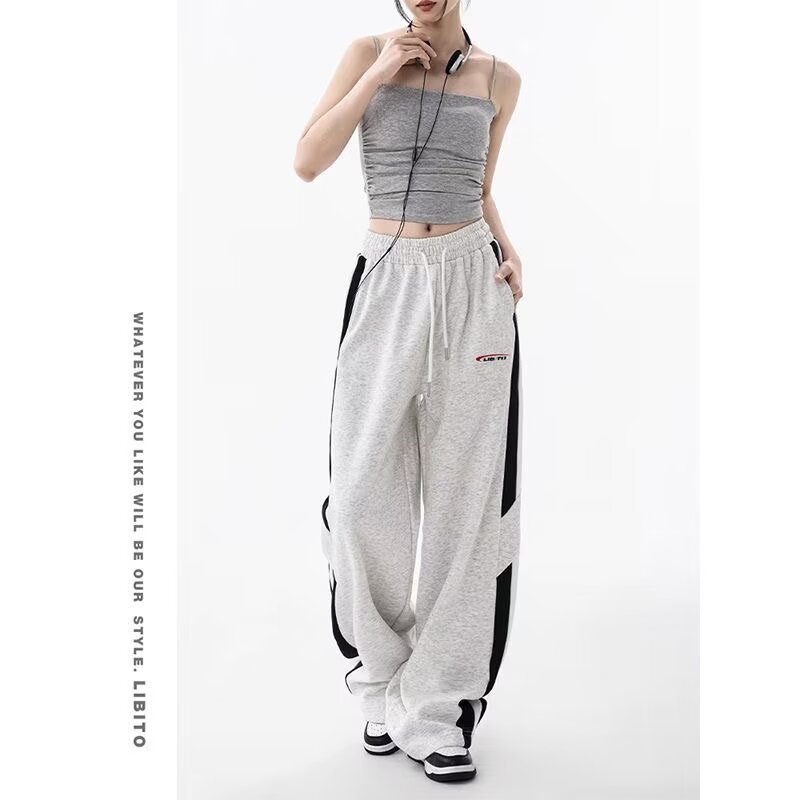 美式條紋運動褲男女寬鬆休閒褲子垂墜感