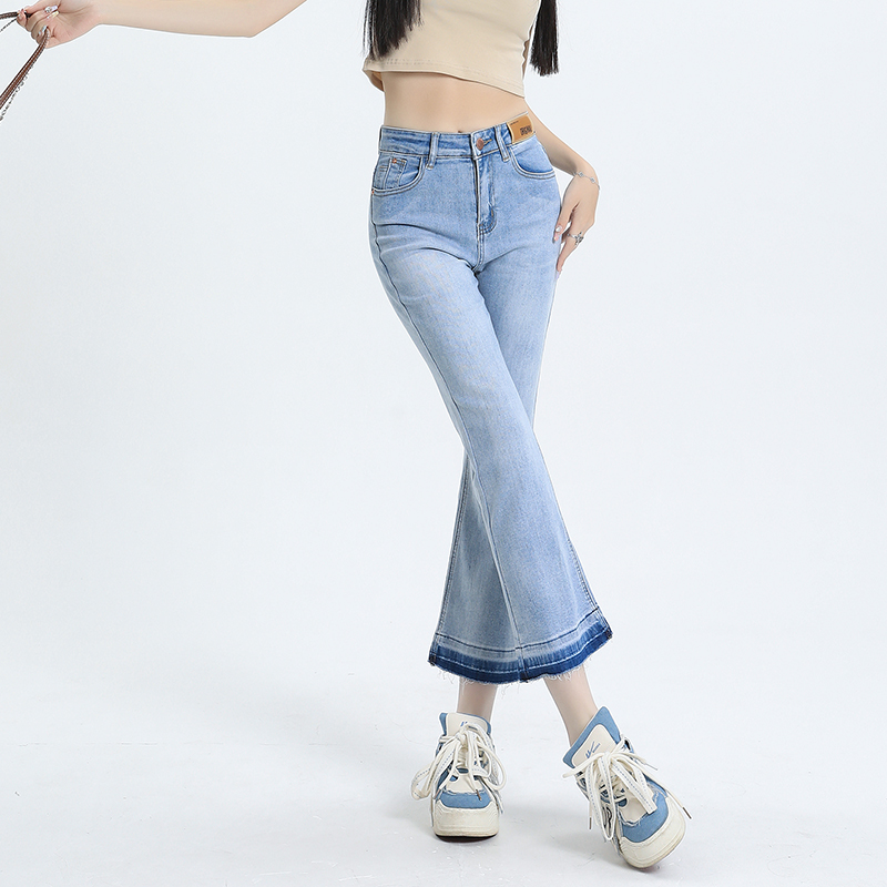 韓國小個子高腰喇叭牛仔褲女2024夏新款顯高顯瘦設計感微喇九分褲