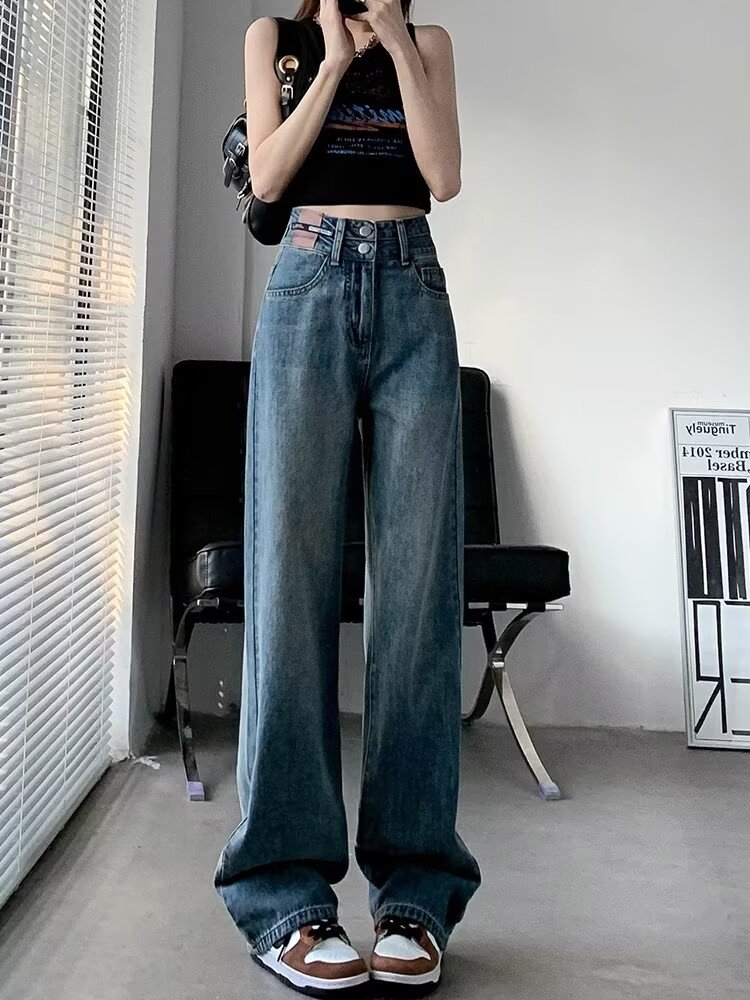 復古美式高腰直筒牛仔褲女大碼胖mm寬鬆垂感顯瘦窄版闊腿拖地褲子
