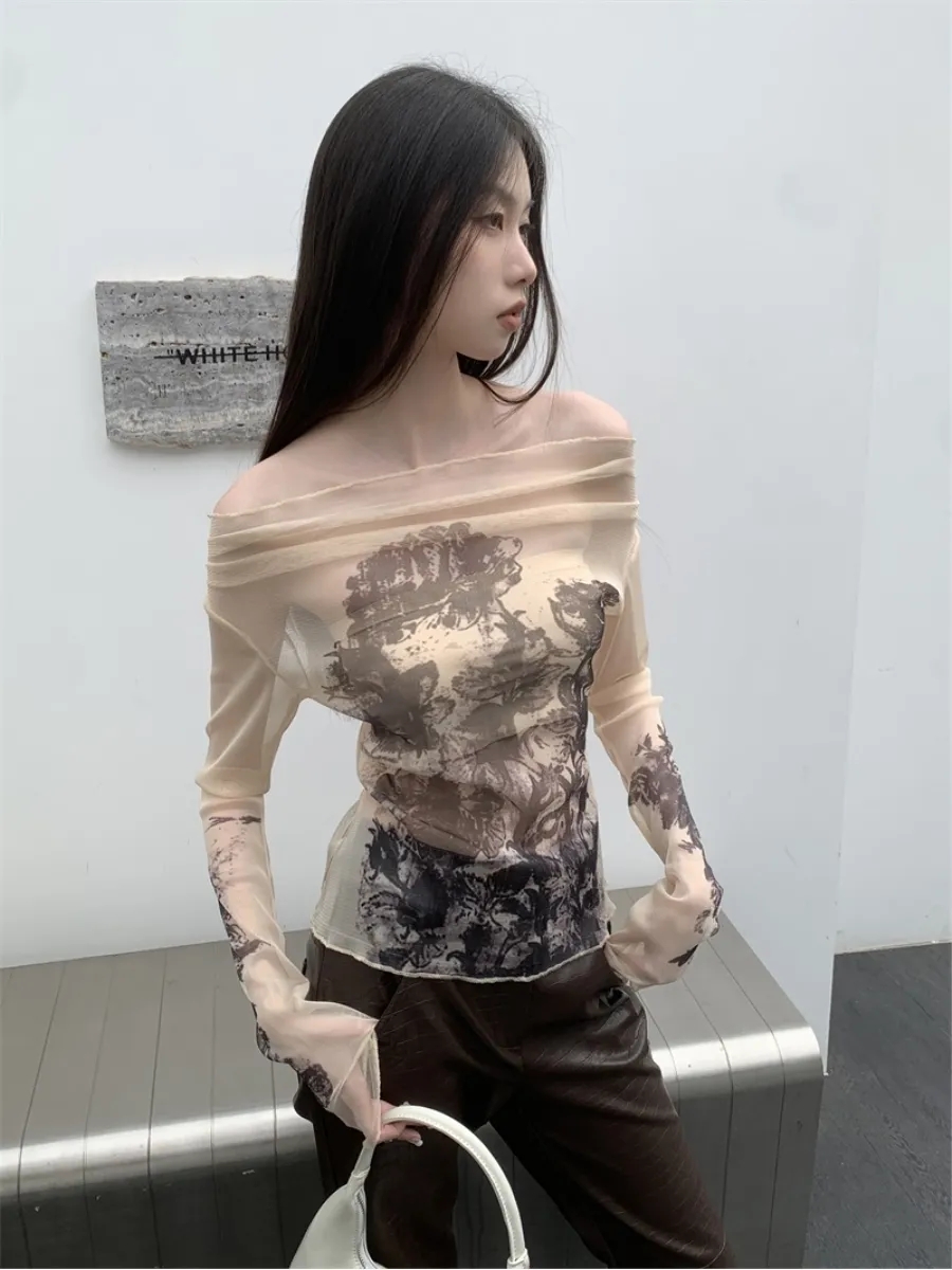 已出貨 美式復古純欲小眾印花透視一字肩長袖設計感小眾網紗T恤