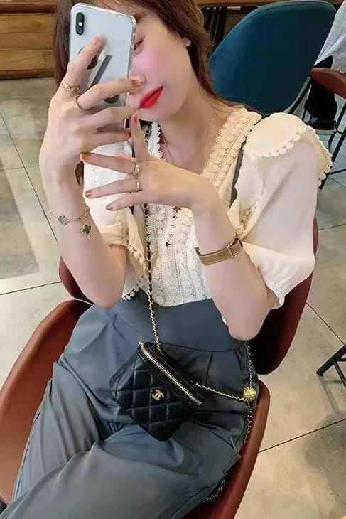 韓版短袖襯衫女設計感小眾法式蕾絲拼接小上衣超仙