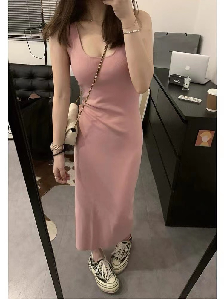夏季新款女裝粉色背心吊帶連衣裙子緊身無袖茶歇包臀長裙