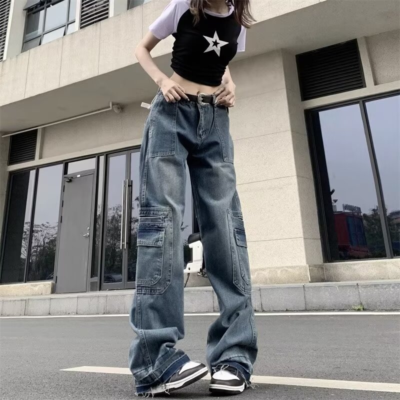 美式高街設計感拼接牛仔褲女垂感直筒百搭鬆緊腰闊腿長褲子