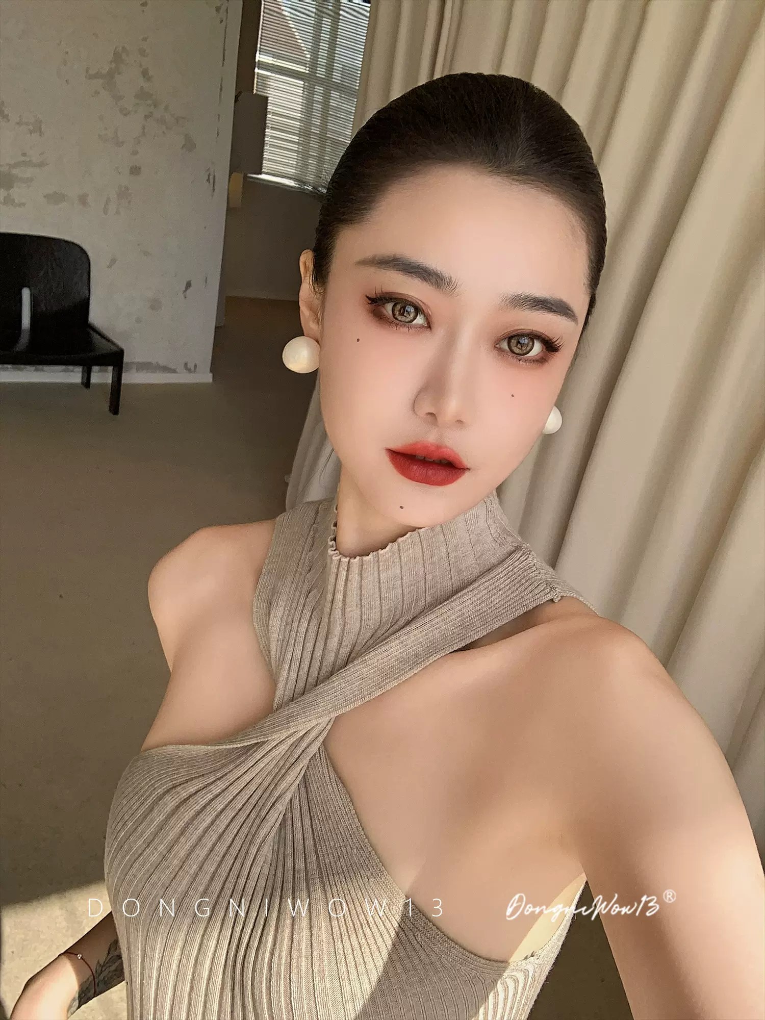 DONGNIWOW13法式復古掛脖針織吊帶背心女內搭修身短款無袖上衣
