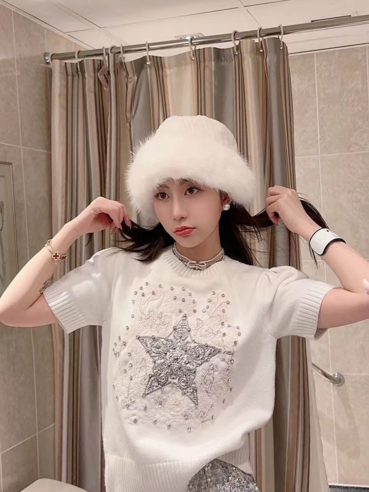 Thebestxue2024早春新款上衣白色五角星鑲鑽套頭毛衣t恤短袖女