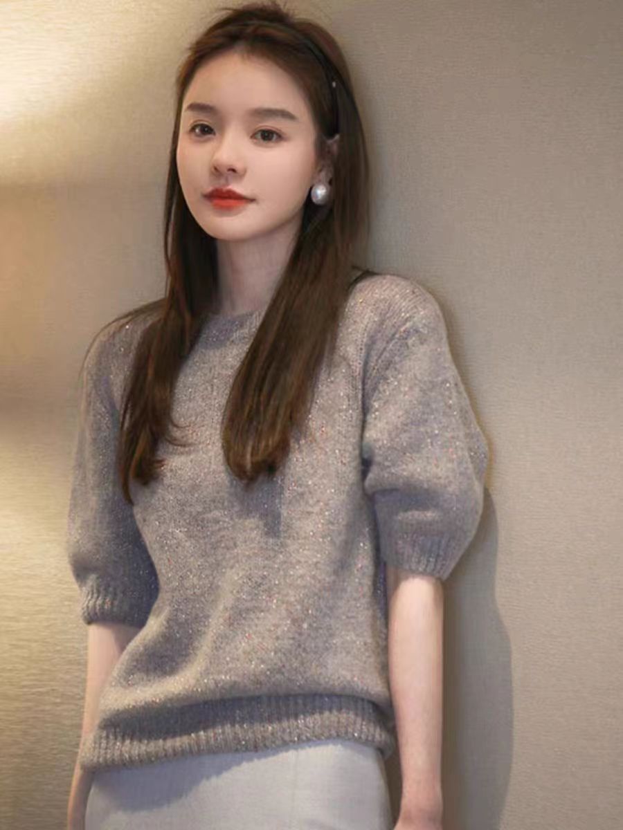 小香風亮絲五分泡泡袖羊毛針織衫女法式氣質寬鬆百搭套頭短袖毛衣