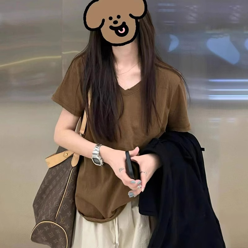 美式復古正肩V領純色短袖T恤女夏港味chic寬鬆顯瘦半袖體恤上衣服