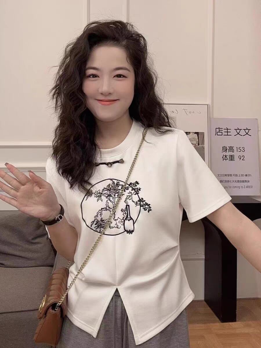 2024歐貨新款早春穿搭新中式國風上衣小眾短袖t恤打底衫女設計感