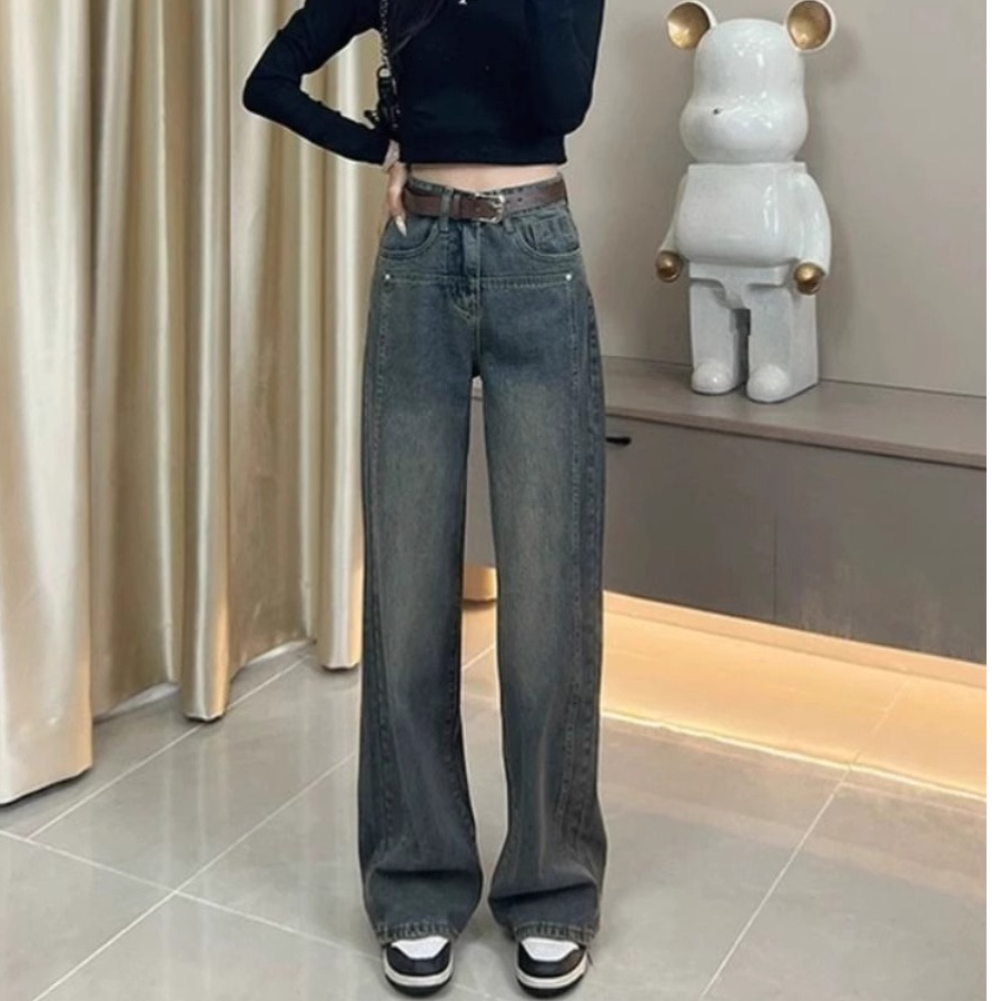 網紅窄版水泥灰高腰闊腿牛仔褲女春季2024寬鬆直筒垂感顯瘦拖地褲