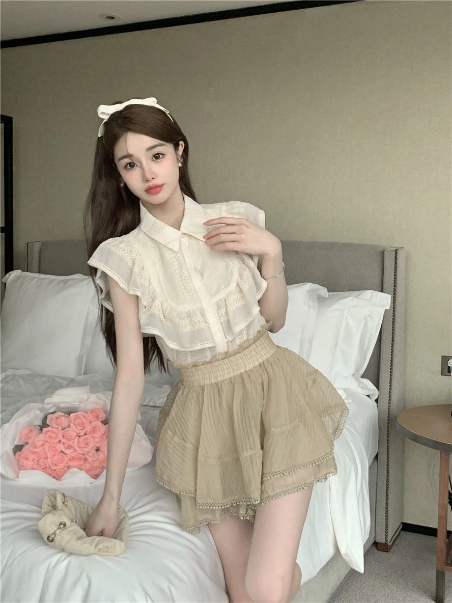 兩件套裝/單件夏小眾設計別致荷葉邊小飛袖Polo領襯衫女蓬蓬短裙