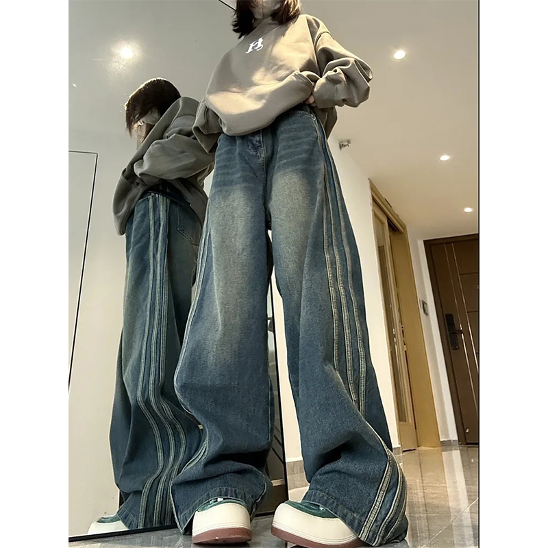 vibe美式高街條紋設計感闊腿牛仔褲女春夏oversize寬鬆直筒休閒褲