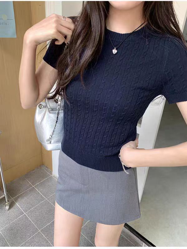 歐洲站夏季修身顯瘦簡約圓領針織衫女新款時尚韓版高級感上衣