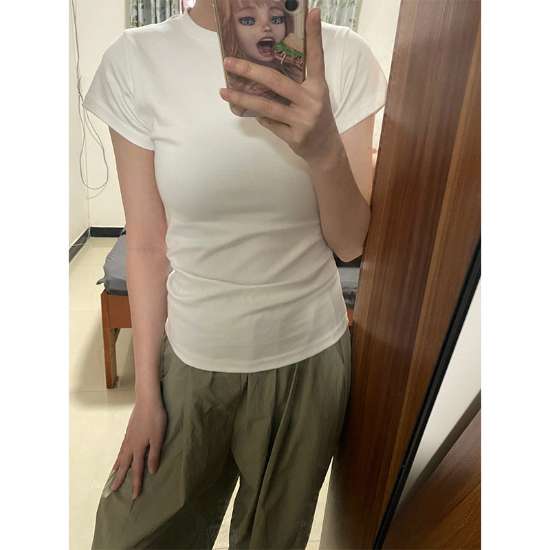 美式白色t恤女正肩短袖2024年新款顯瘦修身純棉打底緊身辣妹上衣