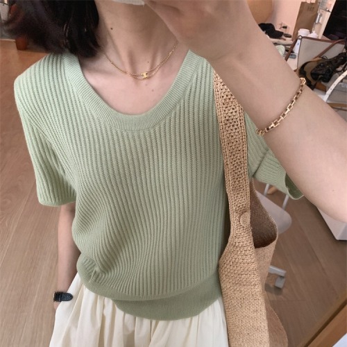 Basic round neck short-sleeved ice silk knitted women's slim commuting casual casual simple gentle pullover T-shirt top versatile