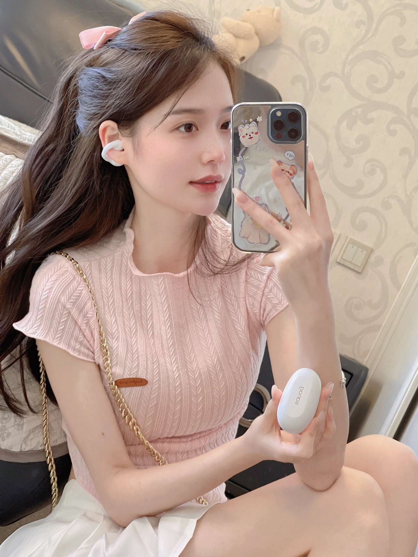 短袖女t恤夏粉色圓領修身高級感壓褶修身氣質短款上衣設計感小眾