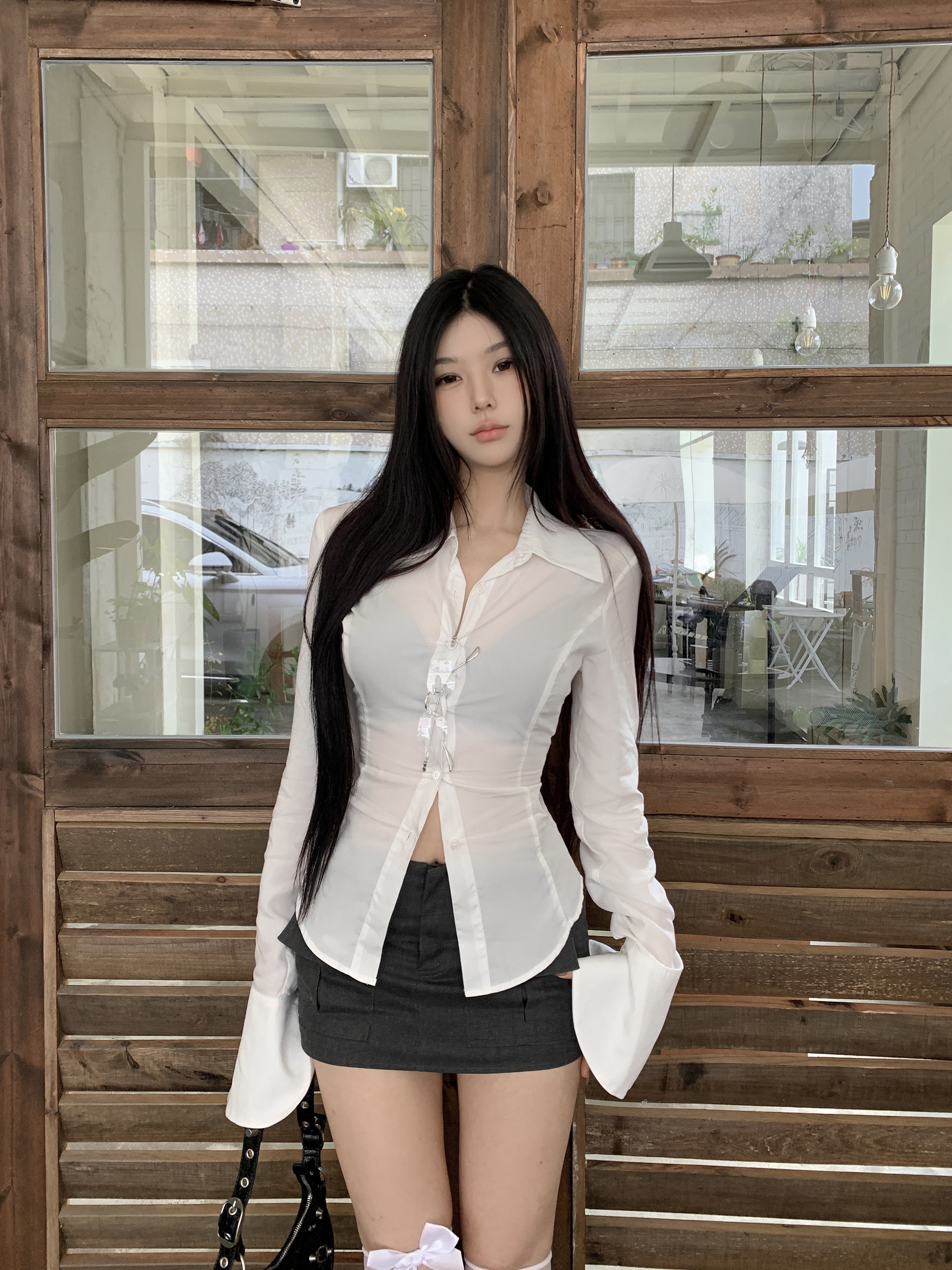 實拍 純欲顯瘦綁帶可調節收腰氣質襯衫女+高腰工裝短裙褲套裝