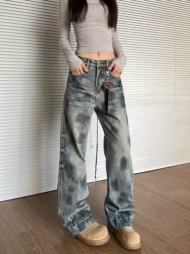美式街頭復古直筒牛仔褲女感百搭寬鬆闊腿褲子拖地長褲潮
