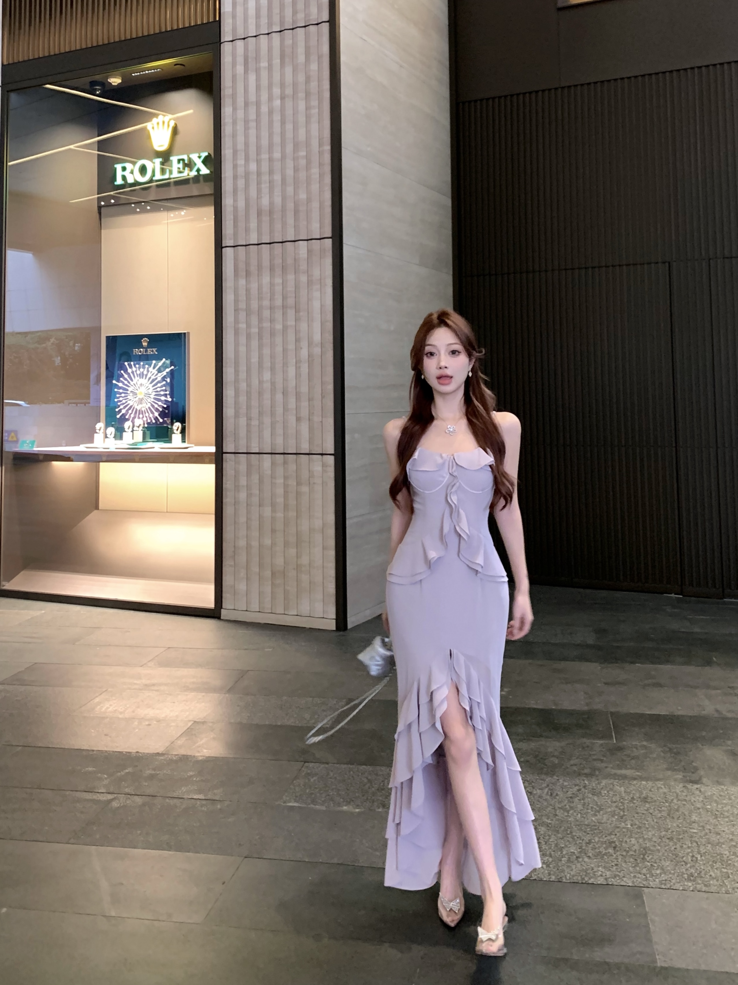 Real shot of heavy industry style lavender purple vase waist waist fishtail ruffle front slit chiffon suspender skirt with chest pad