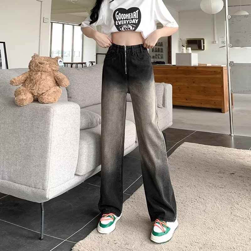 2024春夏季款黑灰闊腿牛仔褲女小個子高腰直筒寬鬆顯瘦拖地褲