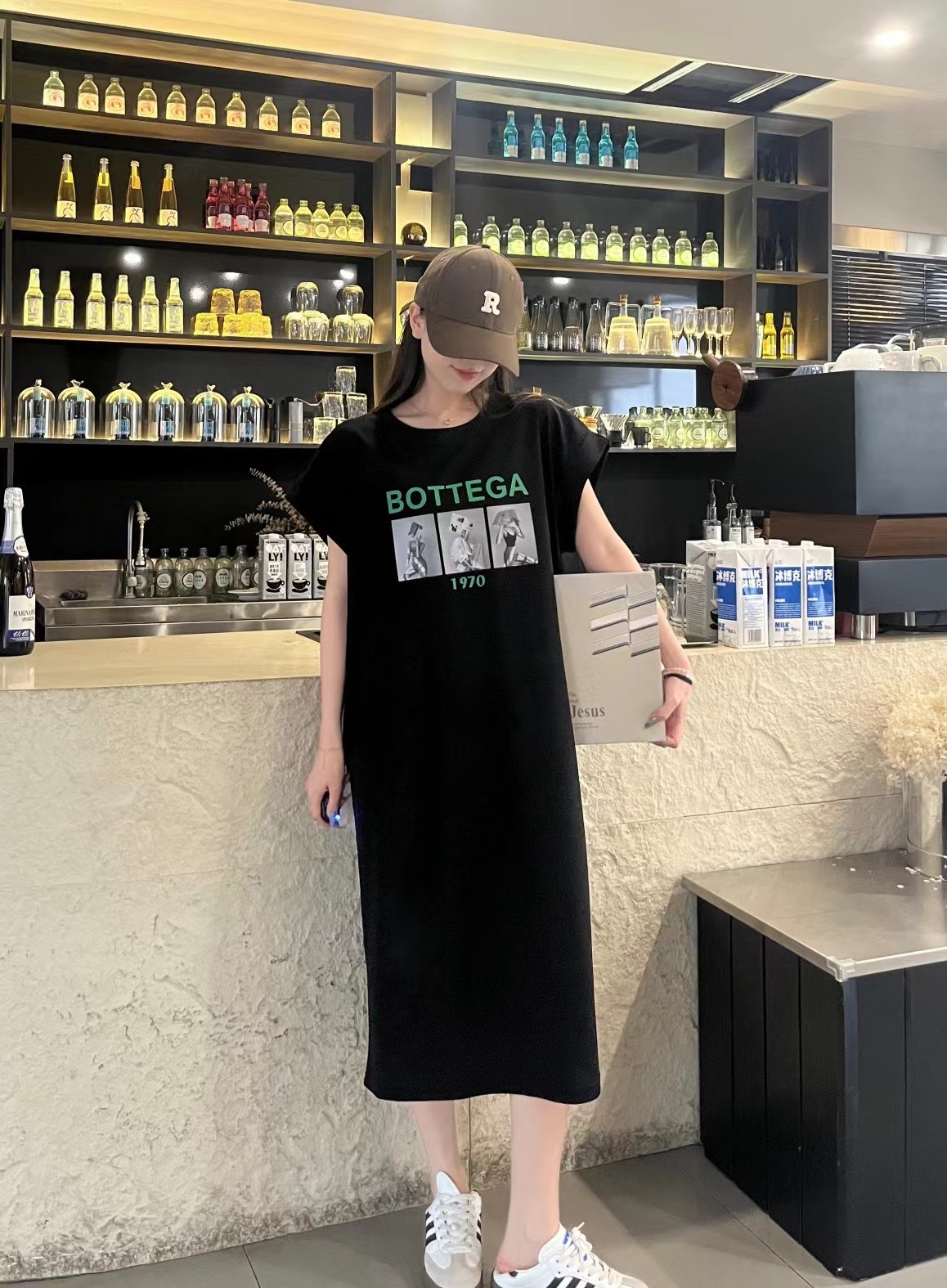 歐貨珠地棉T恤連衣裙女長款帶鏈條夏2024新款寬鬆長款女t恤裙子