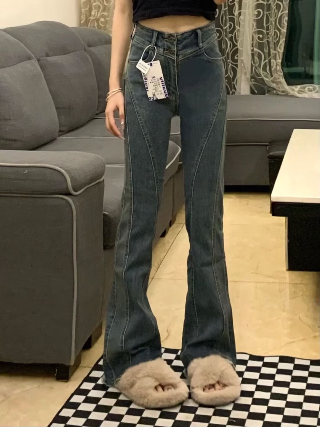 微喇叭牛仔褲女小個子春夏季大碼胖mm設計感高腰顯瘦彈力馬蹄長褲