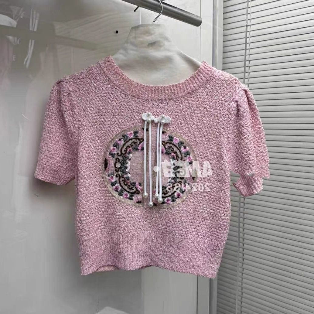 天貓質量新中式國風刺繡短袖上衣女2024夏季復古小眾盤扣寬鬆