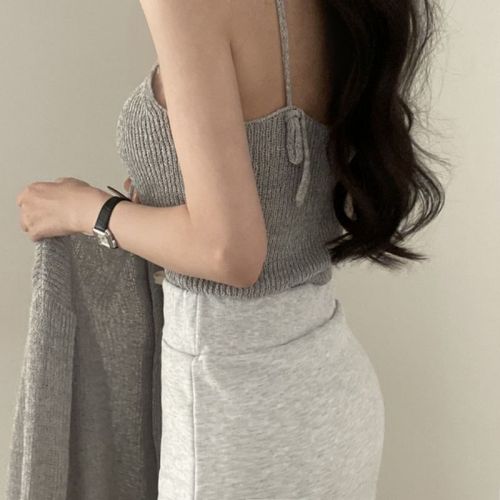 韩国chic针织套装 可调节内搭吊带背心+ 长袖防晒针织开衫女