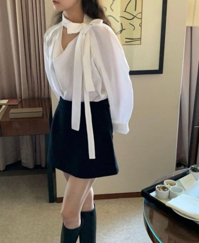 韩国chic 春日 慵懒宽松感 绑带长袖 衬衫 防晒衬衣