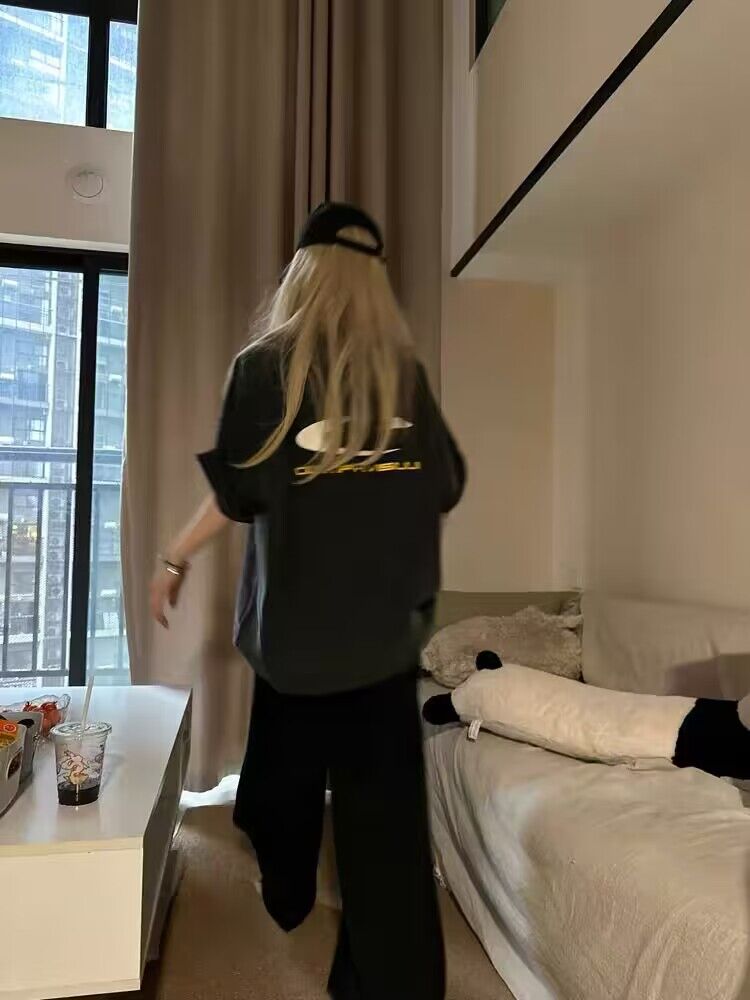 高品質純棉230克21支精梳緊密水洗做舊前後印花短袖T恤女