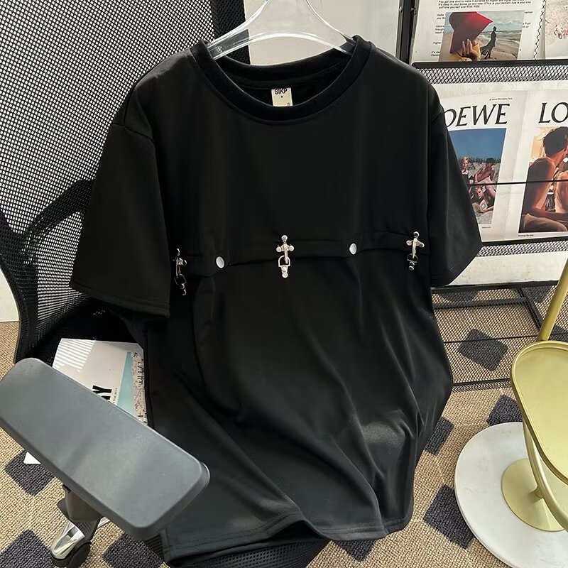 小眾金屬飛機扣短袖T恤女美式高街純色寬鬆休閒圓領五分半袖