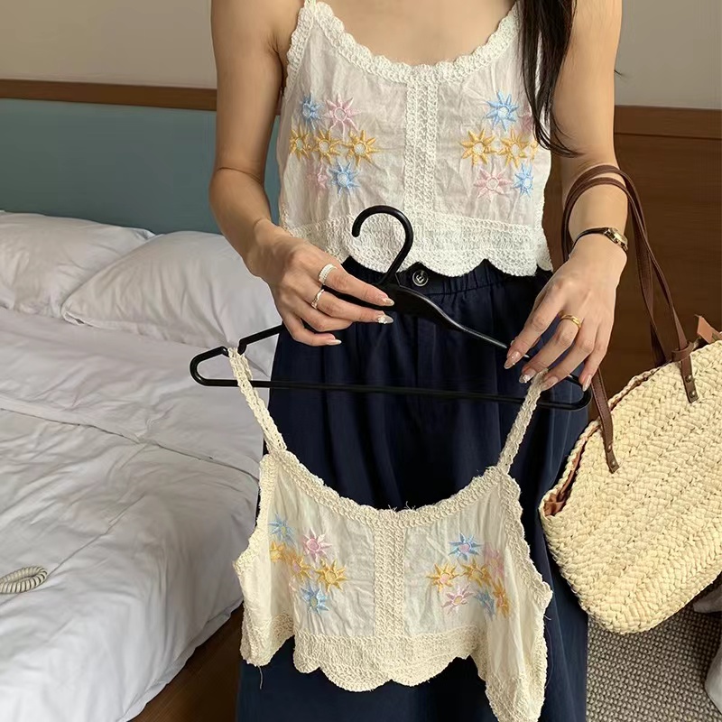 2024春夏新款韓版復古民族風鈎花刺繡V領針織馬甲開衫無袖小背心