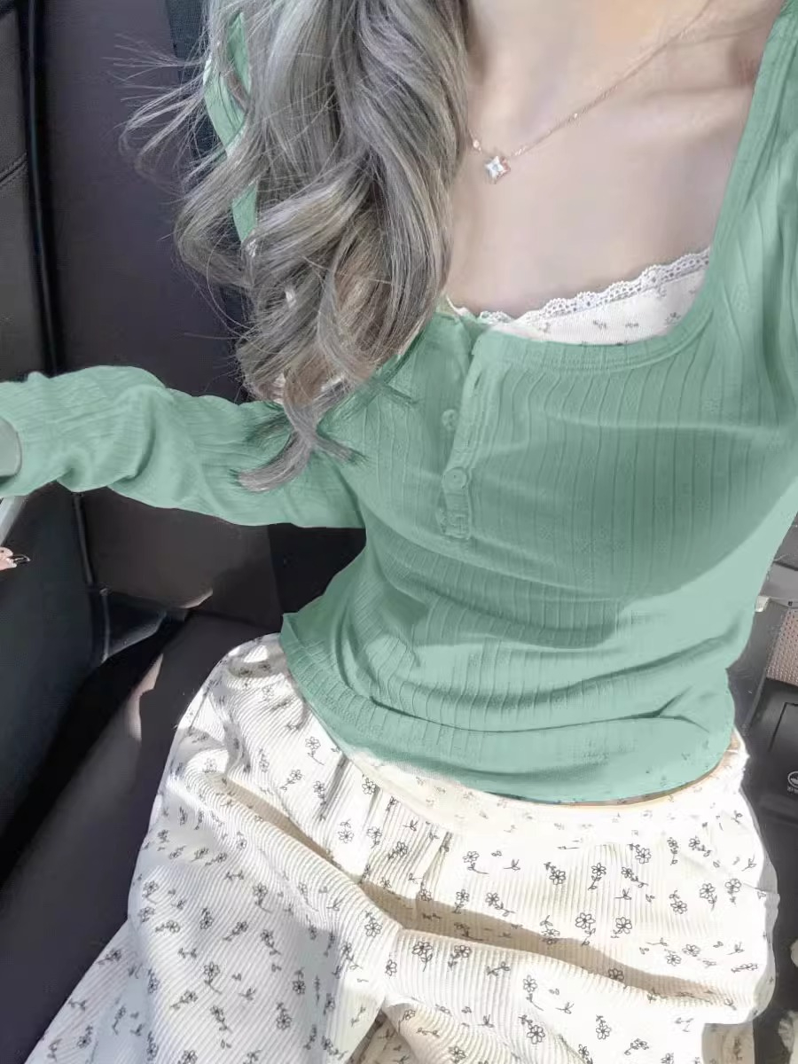 假兩件蕾絲拼接正肩T恤女春秋修身顯瘦長袖打底衫純欲風短款上衣