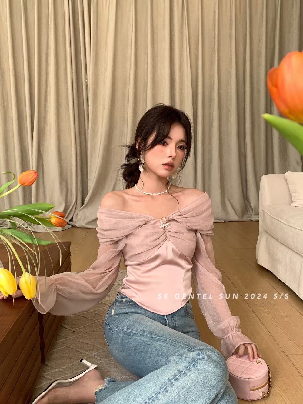SHOWTEETEE 2024早春款法式氣質拼接網紗設計感花朵百搭顯瘦襯衫