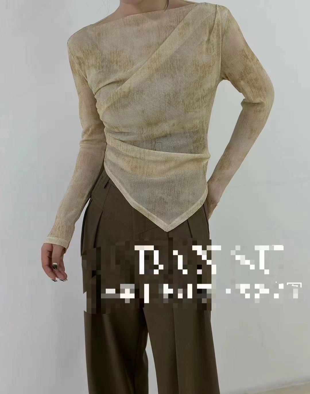 別致不規則扎染長袖t恤女春季修身顯瘦打底衫獨特不規則掐腰上衣
