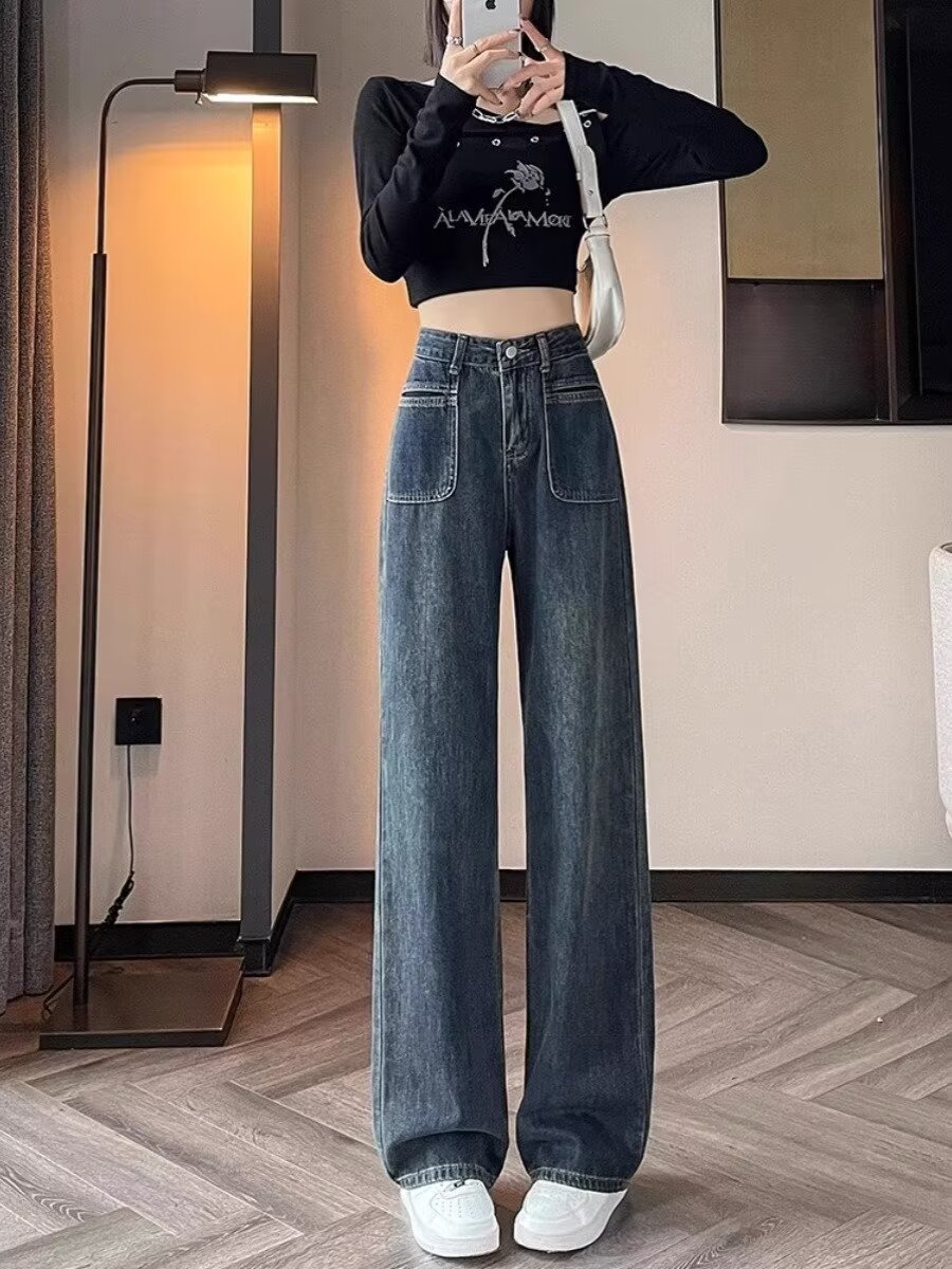 窄版闊腿牛仔褲女春夏2024新款褲子高個子水泥灰高腰拖地直筒褲