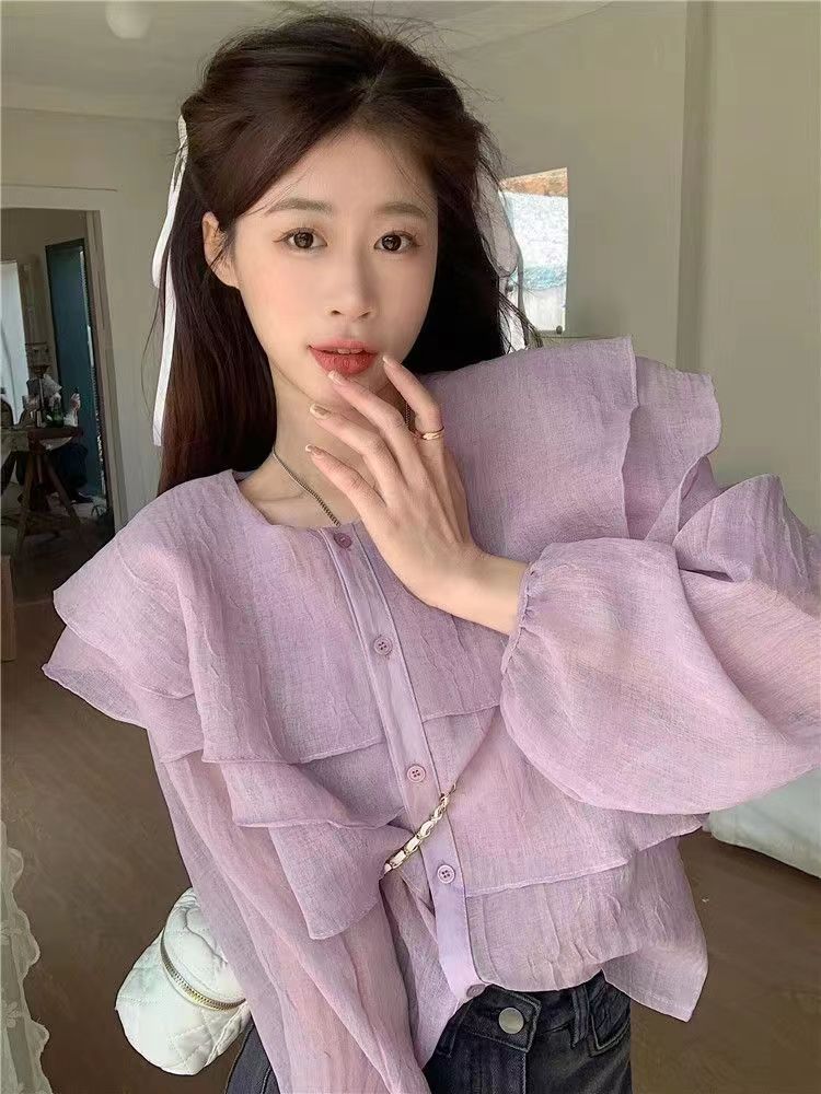 法式設計感荷葉邊雪紡襯衫女春季溫柔甜美風百搭顯瘦上衣別致襯衣