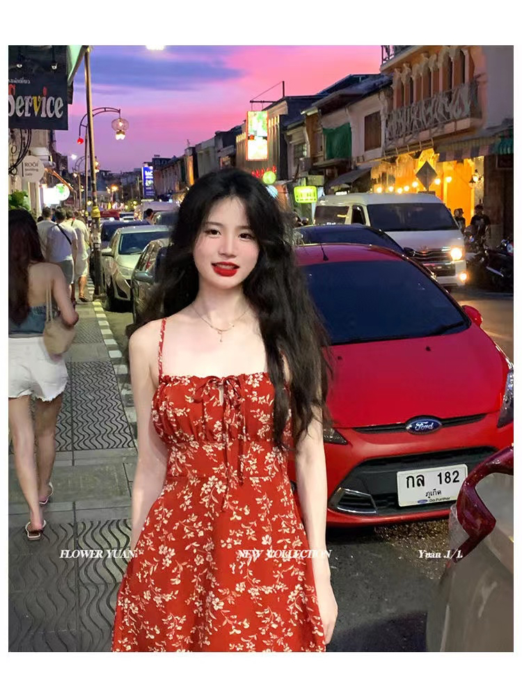 洗水皺+原布肩帶可調節普吉島少女 紅色碎花吊帶連衣裙辣妹風女