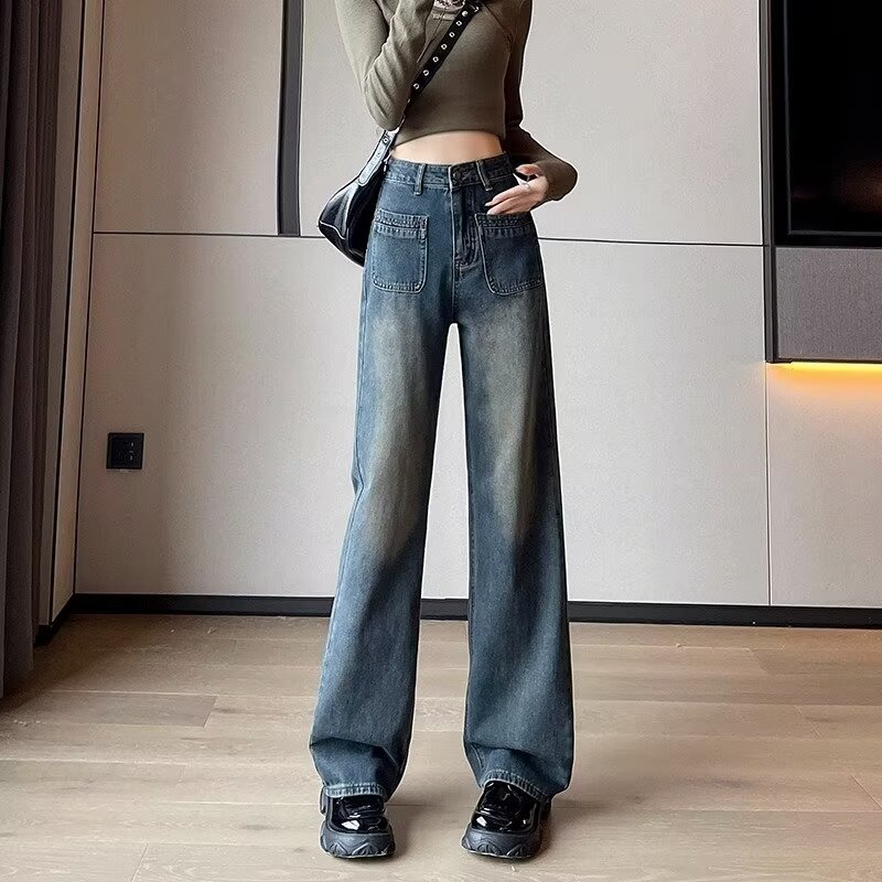 春夏季美式ins高街牛仔褲女寬鬆直筒潮牌復古水洗高級感闊腿長褲