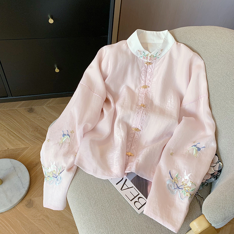 新中式粉色刺繡立領長袖襯衫女2024春季國風溫柔甜美氣質輕薄上衣