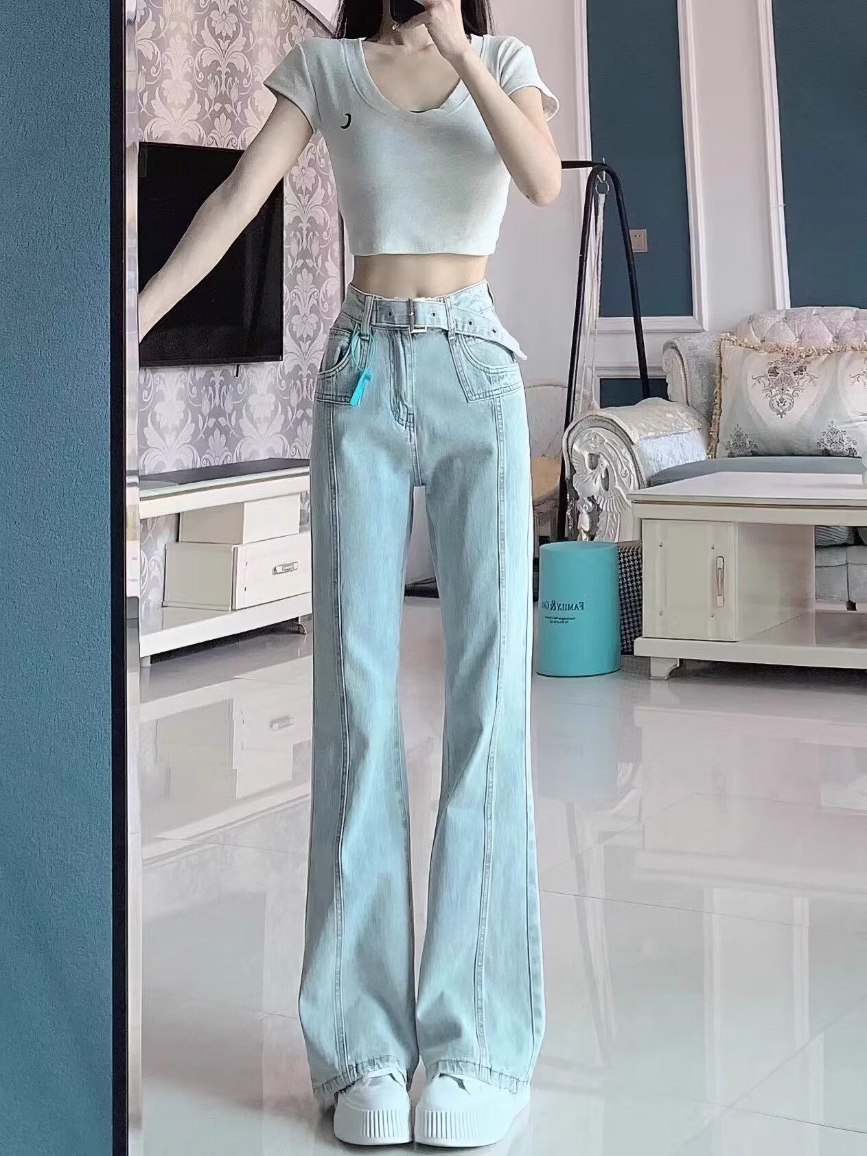 復古淺色高腰闊腿喇叭牛仔褲女直筒寬鬆顯瘦高街垂感微喇拖地褲子