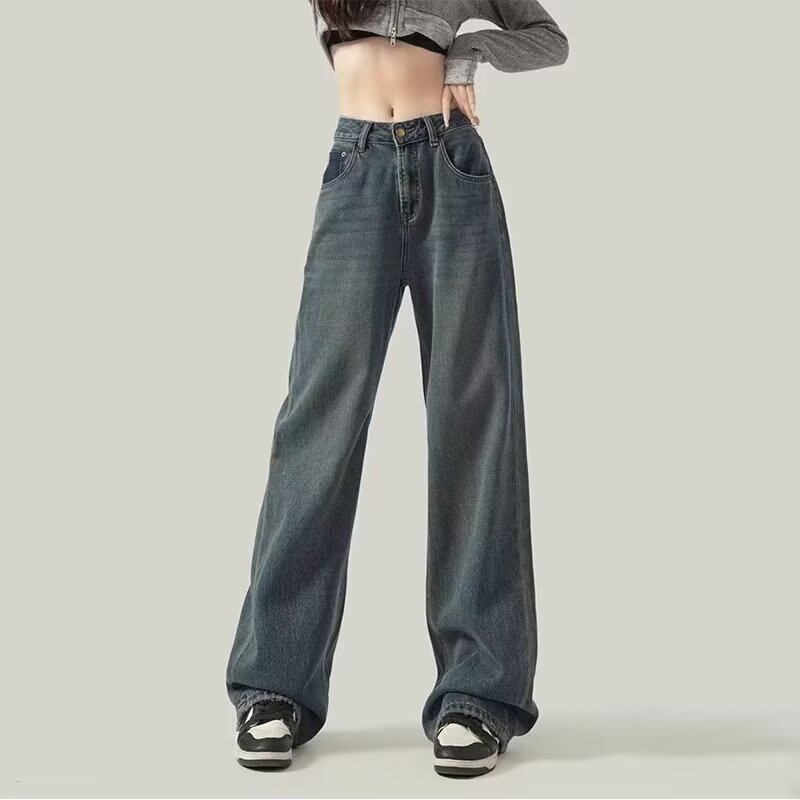 春夏新款美式復古水洗做舊寬鬆微喇牛仔褲女士長褲2024寬鬆
