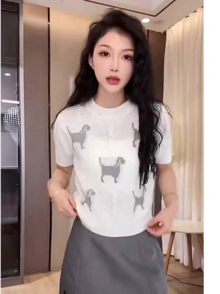 夏季獨特别致甜辣妹小狗印花針織打底衫女設計感印花寬鬆短袖上衣