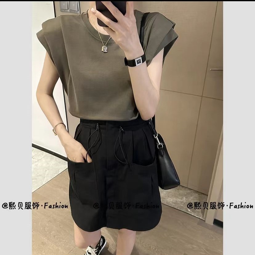 熙貝T恤~美式復古小飛袖T恤夏季百搭休閒別致短款休閒上衣