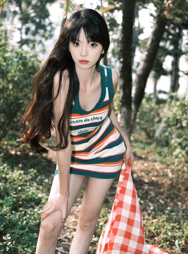 韓版hiphop撞色條紋針織連衣裙女夏季修身顯瘦高級感休閒百搭裙