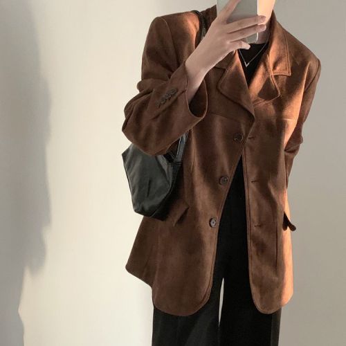 韩国chic早春 复古 单排扣宽松 麂皮绒西装外套