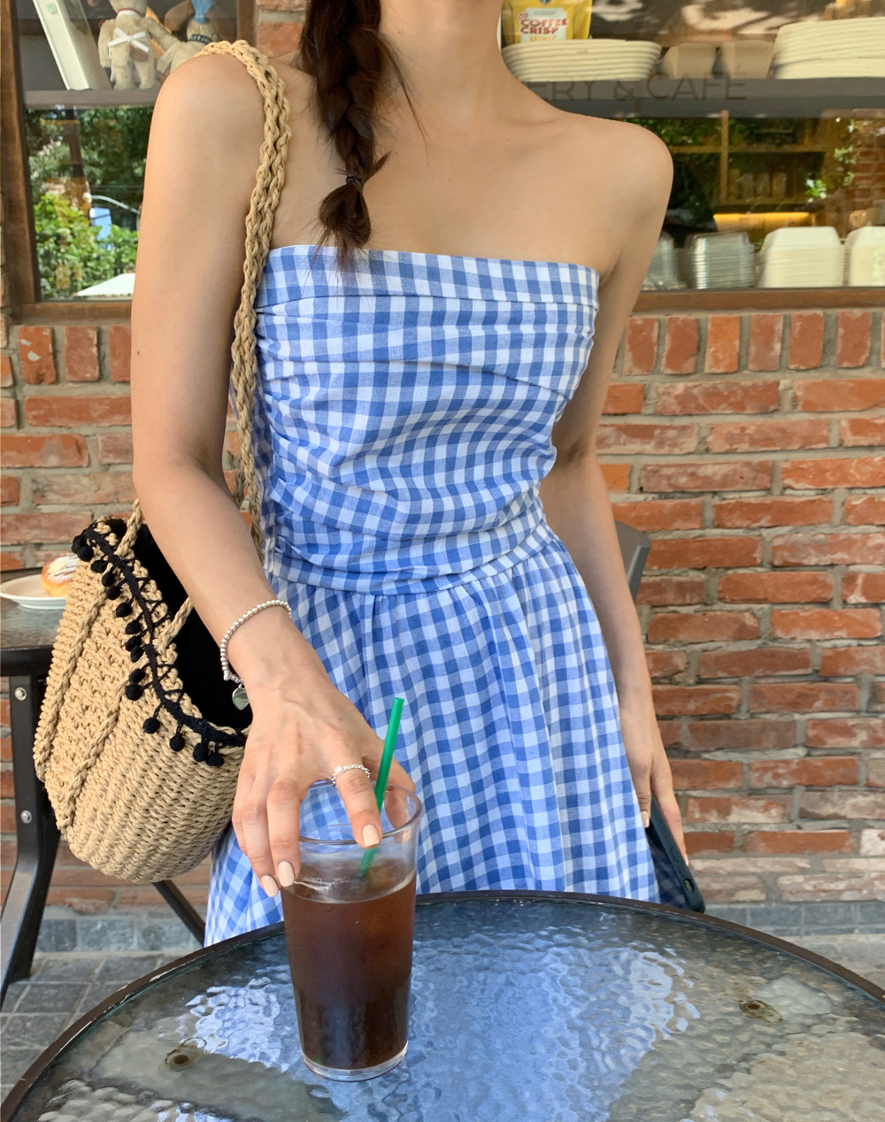 chic summer Korean style sweet tube top off-shoulder design pleated waist retro plaid tube top dress