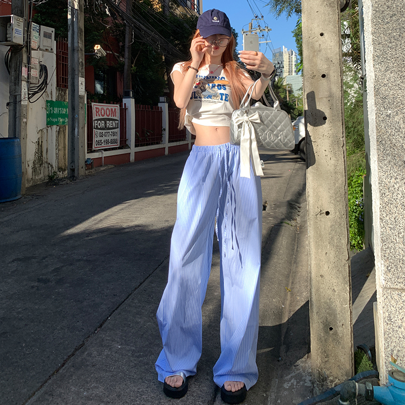 好好家藍色豎條紋闊腿褲女韓國2024新款夏季薄款高腰寬鬆拖地長褲