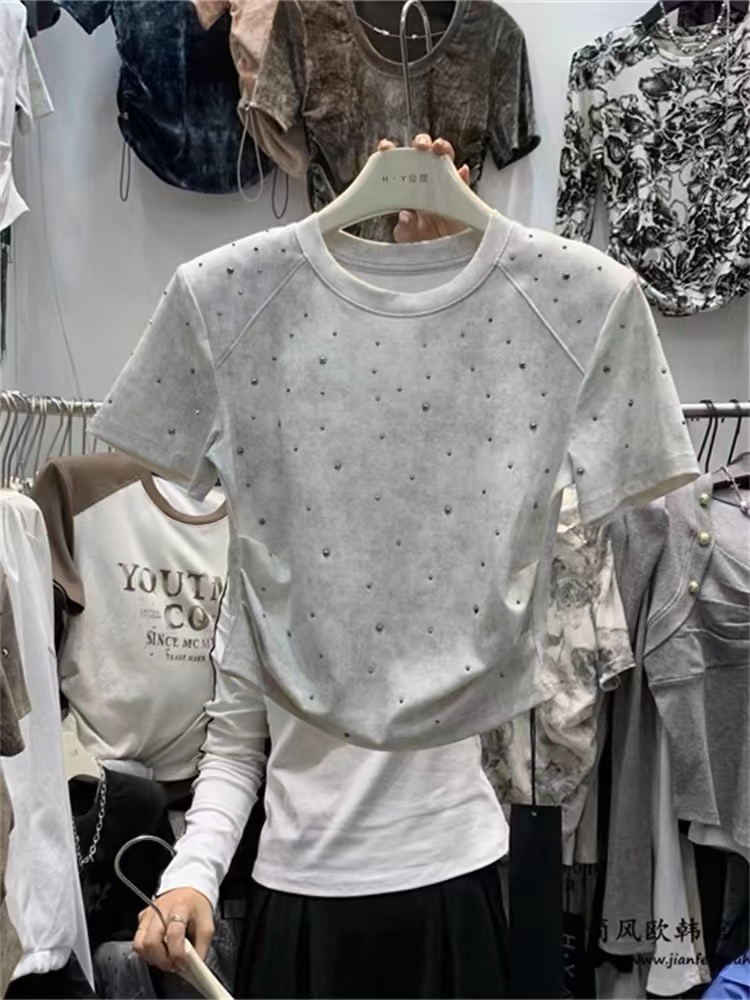 t恤女韓版新款洋氣燙鑽圓領短袖純色打底衫春季性感收腰短款上衣